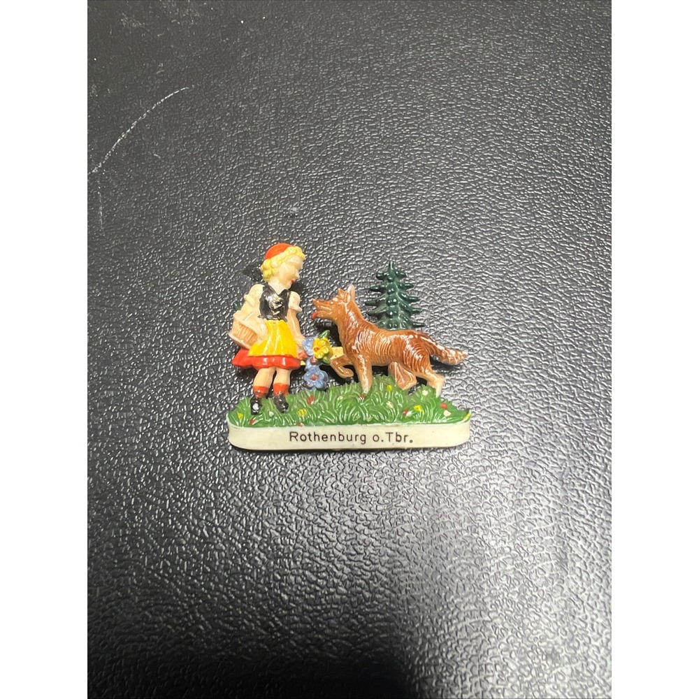Vintage Rothenburg o. Tbr. German Celluloid Brooch Girl Dog Souvenir Pin
